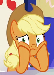 Size: 465x642 | Tagged: safe, edit, edited screencap, screencap, character:applejack, species:earth pony, species:pony, episode:sparkle's seven, g4, my little pony: friendship is magic, cropped, female, friendship throne, hooves on cheeks, solo, squishy cheeks, stare