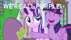 Size: 1280x716 | Tagged: safe, edit, edited screencap, screencap, character:spike, character:starlight glimmer, character:twilight sparkle, character:twilight sparkle (alicorn), species:alicorn, species:dragon, species:pony, episode:sparkle's seven, g4, my little pony: friendship is magic, captain obvious, purple, racial pride, truth, winged spike