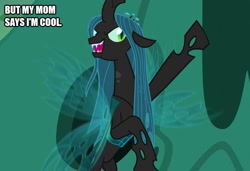 Size: 729x500 | Tagged: safe, edit, edited screencap, screencap, character:queen chrysalis, species:changeling, episode:to where and back again, g4, my little pony: friendship is magic, caption, cave, cavern, changeling queen, female, flying, image macro, mother, raised hoof, solo, text, the simpsons