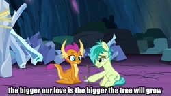 Size: 1280x720 | Tagged: safe, edit, edited screencap, screencap, character:sandbar, character:smolder, character:tree of harmony, species:dragon, episode:uprooted, g4, my little pony: friendship is magic, caption, cute, dragoness, duo, female, image macro, implied smolbar, male, sandabetes, sapling, shipping, smiling, smolbar, smolderbetes, straight, text, the place where we belong, tree of harmony