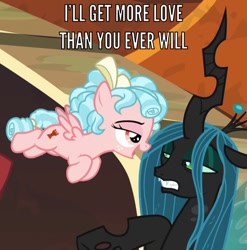 Size: 679x688 | Tagged: safe, edit, edited screencap, screencap, character:cozy glow, character:lord tirek, character:queen chrysalis, species:changeling, species:pegasus, species:pony, episode:the beginning of the end, g4, my little pony: friendship is magic, caption, changeling queen, cropped, female, filly, image macro, text