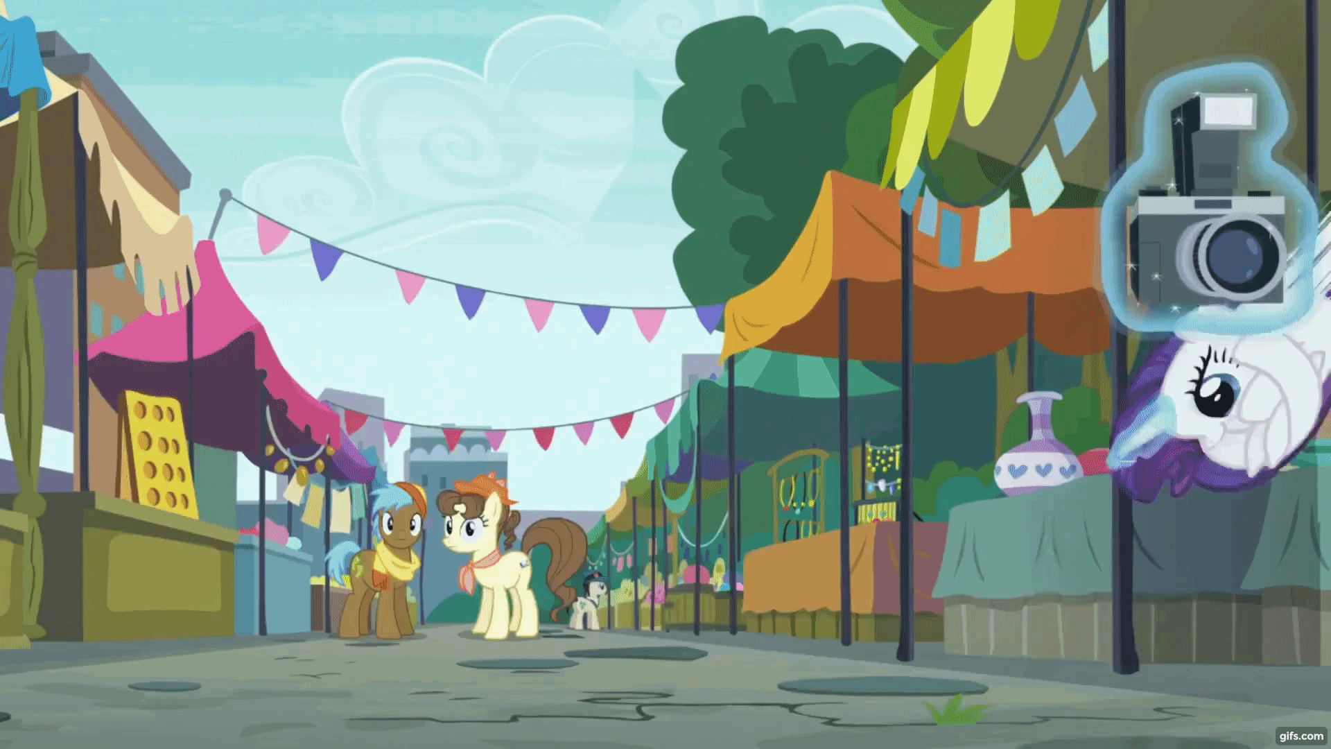 Size: 1920x1080 | Tagged: safe, edit, edited screencap, screencap, character:rarity, species:pony, episode:the gift of the maud pie, g4, my little pony: friendship is magic, animated, ball, bouncing, camera, flipper, fourth wall, gif, magic, market, rariball