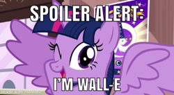 Size: 750x411 | Tagged: safe, edit, edited screencap, screencap, character:twilight sparkle, character:twilight sparkle (alicorn), species:alicorn, species:pony, episode:three's a crowd, g4, my little pony: friendship is magic, female, implied wall-e, mematic.net, pixar, solo, spoiler alert, this explains everything, wall-e, wings