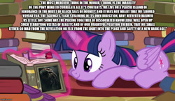 Size: 864x500 | Tagged: safe, edit, edited screencap, screencap, character:twilight sparkle, character:twilight sparkle (alicorn), species:alicorn, species:pony, episode:pinkie apple pie, g4, my little pony: friendship is magic, adorkable, book, bookhorse, bookworm, cthulhu, cthulhu mythos, cute, dork, egghead, female, lovecraft, lying down, mare, nerd, nerd pony, prone, purple smart, reading, smiling, solo, text, text edit, that pony sure does love books, the call of cthulhu, twiabeetus, twiabetes, wall of text