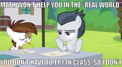 Size: 1024x565 | Tagged: safe, edit, edited screencap, screencap, character:pipsqueak, character:rumble, species:earth pony, species:pegasus, species:pony, episode:marks and recreation, g4, my little pony: friendship is magic, barrel, caption, colt, duo, eyes closed, foal, image macro, impact font, male, meme, mouth hold, pencil, pinto, shitposting, text