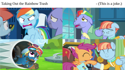 Size: 1058x595 | Tagged: safe, edit, edited screencap, screencap, character:bow hothoof, character:rainbow dash, character:scootaloo, character:windy whistles, species:pegasus, species:pony, episode:newbie dash, episode:parental glideance, g4, my little pony: friendship is magic, abuse, comic, dashabuse, joke, op is a duck, op is trying to be funny, op is trying to start shit, rainbow trash, scootalove, screencap comic