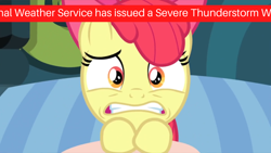Size: 1280x720 | Tagged: safe, edit, edited screencap, screencap, character:apple bloom, species:earth pony, species:pony, episode:bloom and gloom, g4, my little pony: friendship is magic, apple bloom's bow, bow, emergency alert system, female, filly, frightened, hair bow, relatable