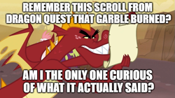 Size: 667x374 | Tagged: safe, edit, edited screencap, screencap, character:fizzle, character:garble, species:dragon, species:pony, episode:dragon quest, g4, my little pony: friendship is magic, caption, dragon lands, foreshadowing, image macro, male, reading, scroll, solo focus, squint, text, text edit