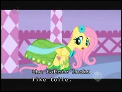 Size: 960x720 | Tagged: safe, edit, edited screencap, screencap, character:fluttershy, species:pegasus, species:pony, episode:suited for success, g4, my little pony: friendship is magic, caption, clothing, dress, female, gala dress, image macro, mare, solo, text