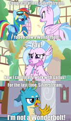 Size: 1280x2160 | Tagged: safe, edit, edited screencap, screencap, character:gallus, character:rainbow dash, character:silverstream, species:griffon, species:hippogriff, ship:gallstream, episode:uprooted, g4, my little pony: friendship is magic, caption, clothing, comic, female, image macro, male, screencap comic, shipping, straight, text, uniform, wonderbolts, wonderbolts uniform