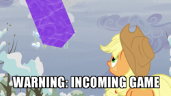 Size: 640x360 | Tagged: safe, edit, edited screencap, screencap, character:applejack, species:earth pony, species:pony, episode:tanks for the memories, g4, my little pony: friendship is magic, caption, female, image macro, mare, meme, reboot series, solo, text, warning