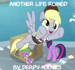 Size: 420x389 | Tagged: safe, edit, edited screencap, screencap, character:derpy hooves, character:spike, character:twilight sparkle, character:twilight sparkle (alicorn), species:alicorn, species:dragon, species:pegasus, species:pony, episode:the point of no return, g4, my little pony: friendship is magic, bad end, box, butt, caption, female, image macro, letter, mail, mailmare, male, mare, package, plot, text, winged spike