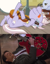 Size: 658x838 | Tagged: safe, edit, edited screencap, screencap, character:dusty pages, species:earth pony, species:human, species:pony, episode:the point of no return, g4, my little pony: friendship is magic, back to the future, comparison, cropped, female, guitar, mare, marty mcfly, michael j. fox, on back, tongue out