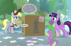 Size: 1088x704 | Tagged: safe, edit, edited screencap, screencap, character:derpy hooves, character:spike, character:twilight sparkle, character:twilight sparkle (alicorn), species:alicorn, species:dragon, species:pony, episode:the point of no return, g1, g4, my little pony: friendship is magic, arrow, box, clothing, cropped, dialogue, envelope, g1 to g4, generation leap, hat, implied crackle pop, implied fizzy, letter, mail, mailmare hat, mailpony uniform, parcel, speech bubble, tree, waterfall, winged spike