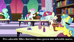 Size: 1134x648 | Tagged: safe, edit, edited screencap, screencap, character:lemon hearts, character:lyra heartstrings, character:minuette, character:moondancer, character:twinkleshine, species:pony, species:unicorn, episode:celestial advice, g4, my little pony: friendship is magic, adorableshine, book, captain obvious, caption, cropped, cute, dancerbetes, female, filly, filly lemon hearts, filly lyra, filly minuette, filly moondancer, filly twinkleshine, flower, goggles, lab, lemonbetes, lyrabetes, minubetes, princess celestia's school for gifted unicorns, text, younger