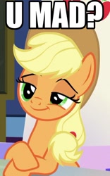 Size: 358x573 | Tagged: safe, edit, edited screencap, screencap, character:applejack, species:earth pony, species:pony, episode:sparkle's seven, g4, my little pony: friendship is magic, caption, cropped, female, friendship throne, image macro, mare, meme, solo, text, u mad