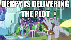 Size: 1024x576 | Tagged: safe, edit, edited screencap, screencap, character:derpy hooves, episode:the point of no return, g4, my little pony: friendship is magic, arrow, box, bubble butt, caption, female, joke, mailmare, meme, plot, pun, school of friendship, solo, text, this side up, waterfall
