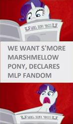 Size: 473x807 | Tagged: safe, edit, edited screencap, screencap, character:rarity, species:pony, species:unicorn, episode:ponyville confidential, g4, my little pony: friendship is magic, spoiler:s03, comic, exploitable meme, female, i'll destroy her, mare, meme, misspelling, newspaper, newspaper meme, rarity is a marshmallow, screencap comic, solo