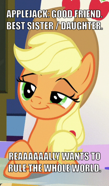Size: 360x611 | Tagged: safe, edit, screencap, character:applejack, species:earth pony, species:pony, episode:sparkle's seven, g4, my little pony: friendship is magic, cropped, female, friendship throne, solo, text