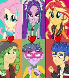 Size: 1280x1440 | Tagged: safe, edit, edited screencap, screencap, character:aria blaze, character:flash sentry, character:fluttershy, character:microchips, character:sandalwood, character:sunset shimmer, ship:ariachips, ship:flashimmer, episode:a banner day, equestria girls:rainbow rocks, g4, my little pony: equestria girls, my little pony:equestria girls, female, geode of empathy, geode of fauna, magical geodes, male, sandalshy, shipping, shipping domino, straight