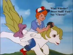 Size: 864x648 | Tagged: safe, edit, edited screencap, screencap, character:danny williams, character:surprise, episode:the great rainbow caper, g1, my little pony 'n friends, adoraprise, bow, camera, cap, clothing, cute, dannybetes, dialogue, flying, hat, implied fizzy, implied sweet stuff, implied wind whistler, tail bow