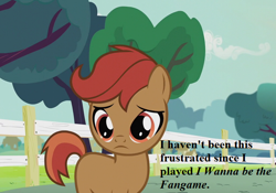 Size: 640x448 | Tagged: safe, edit, edited screencap, screencap, character:button mash, character:liquid button, species:earth pony, species:pony, episode:crusaders of the lost mark, g4, my little pony: friendship is magic, colt, cropped, dialogue, fence, i wanna be the fangame, male, missing accessory, tree