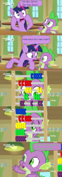 Size: 714x2025 | Tagged: safe, edit, edited screencap, screencap, character:spike, character:twilight sparkle, character:twilight sparkle (alicorn), species:alicorn, species:dragon, species:pony, episode:the point of no return, g4, my little pony: friendship is magic, abacus, ceiling light, comic, curtain, dialogue, discovery family logo, duo, juice, juice box, panic, screencap comic, speech bubble, winged spike