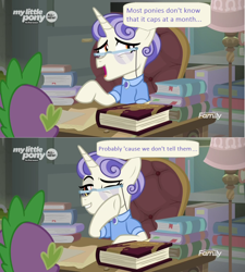 Size: 1366x1520 | Tagged: safe, edit, edited screencap, screencap, character:spike, species:dragon, episode:the point of no return, g4, my little pony: friendship is magic, book, comic, dialogue, discovery family logo, first folio, glasses, lamp, messy, one eye closed, screencap comic, solo focus, stain, winged spike, wink