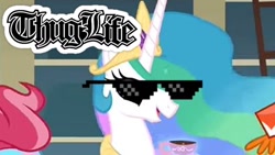 Size: 1280x720 | Tagged: safe, edit, edited screencap, screencap, character:carrot cake, character:cup cake, character:princess celestia, species:alicorn, species:pony, episode:a bird in the hoof, g4, my little pony: friendship is magic, amulet, caption, crown, cup, flowing mane, food, hilarious in hindsight, image macro, jewelry, link in source, regalia, solo focus, sparkles, sunglasses, tea, teacup, text, thug life, thumbnail