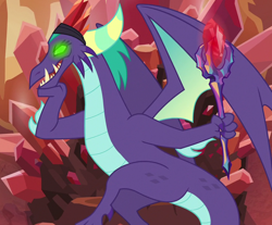 Size: 870x719 | Tagged: safe, edit, edited screencap, screencap, character:gaius, species:dragon, episode:the hearth's warming club, g4, my little pony: friendship is magic, bloodstone scepter, cropped, glowing eyes, hand on chin, open mouth, sitting, solo