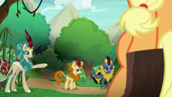 Size: 1920x1080 | Tagged: safe, edit, edited screencap, screencap, character:applejack, character:autumn afternoon, character:cinder glow, character:rain shine, character:summer flare, character:winter flame, species:kirin, species:pony, episode:sounds of silence, g4, my little pony: friendship is magic, pointing