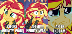 Size: 900x428 | Tagged: safe, edit, edited screencap, screencap, character:sunset shimmer, equestria girls:equestria girls, equestria girls:rollercoaster of friendship, g4, my little pony: equestria girls, my little pony:equestria girls, adorable face, angry, avengers, avengers: endgame, avengers: infinity war, before and after, clothing, crying, cute, fangirl, geode of empathy, infinity war, it's not about the parakeet, jacket, magical geodes, meme, messy hair, sad, sunsad shimmer
