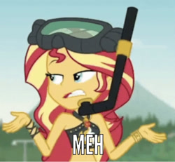 Size: 775x717 | Tagged: safe, edit, edited screencap, screencap, character:sunset shimmer, episode:unsolved selfie mysteries, g4, my little pony: equestria girls, my little pony:equestria girls, bikini, caption, clothing, cropped, female, geode of empathy, image macro, magical geodes, meh, shrug, shrugset shimmer, solo, swimsuit, text, unamused