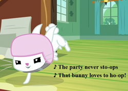 Size: 616x440 | Tagged: safe, edit, edited screencap, screencap, character:angel bunny, episode:fluttershy leans in, g4, my little pony: friendship is magic, bun bun bunny bun, cropped, fluttershy's cottage, helmet, lyrics, parry gripp, song reference, text