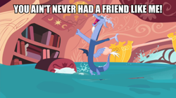 Size: 600x337 | Tagged: safe, edit, edited screencap, screencap, character:discord, episode:three's a crowd, g4, my little pony: friendship is magic, aladdin, caption, genie discord, golden oaks library, image macro, male, solo, text