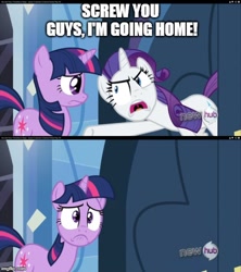 Size: 500x562 | Tagged: safe, edit, edited screencap, screencap, character:rarity, character:twilight sparkle, species:pony, episode:games ponies play, g4, my little pony: friendship is magic, eric cartman, exploitable meme, insulting rarity, meme, screw you guys i'm going home, south park