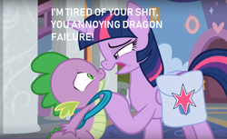 Size: 1064x650 | Tagged: safe, edit, edited screencap, screencap, character:spike, character:twilight sparkle, character:twilight sparkle (alicorn), species:alicorn, species:dragon, species:pony, episode:school raze, g4, my little pony: friendship is magic, abuse, funny, go to sleep garble, op is a duck, saddle bag, shitposting, spikeabuse, spikeposting, vulgar, winged spike