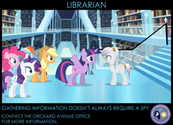 Size: 872x630 | Tagged: safe, edit, edited screencap, screencap, character:amethyst maresbury, character:applejack, character:pinkie pie, character:princess celestia, character:princess luna, character:rainbow dash, character:rarity, character:twilight sparkle, character:twilight sparkle (unicorn), species:crystal pony, species:earth pony, species:pony, species:unicorn, episode:the crystal empire, g4, my little pony: friendship is magic, agate, canterlot intelligence agency, cia, cutie mark, female, librarian, library, mare, poster