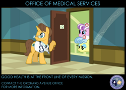 Size: 874x630 | Tagged: safe, edit, edited screencap, screencap, character:doctor horse, character:doctor stable, character:nurse coldheart, character:nurse sweetheart, episode:read it and weep, g4, my little pony: friendship is magic, canterlot intelligence agency, cia, doctor, door, glasses, poster