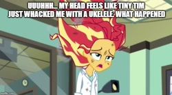 Size: 669x373 | Tagged: safe, edit, edited screencap, screencap, character:sunset shimmer, episode:the science of magic, equestria girls:friendship games, g4, my little pony: equestria girls, my little pony:equestria girls, clothing, destroy all humans! 2, imgflip, lab coat, meme, messy hair, misspelling, sunset the science gal