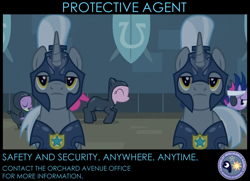 Size: 872x630 | Tagged: safe, edit, edited screencap, screencap, character:pinkie pie, character:spike, character:twilight sparkle, species:dragon, species:earth pony, species:pony, episode:it's about time, g4, my little pony: friendship is magic, armor, canterlot intelligence agency, catsuit, cia, eyepatch, female, future twilight, male, mare, night guard, poster, royal guard, stallion