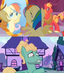 Size: 1000x1125 | Tagged: safe, edit, edited screencap, screencap, character:big mcintosh, character:fluttershy, character:granny smith, character:pinkie pie, character:zephyr breeze, species:earth pony, species:pegasus, species:pony, episode:flutter brutter, episode:magic duel, g4, my little pony: friendship is magic, body painting, carousel boutique, clothing, comic, cowboy hat, fake cutie mark, female, hat, male, mare, meme, mirror, not rainbow dash, paint, paintbrush, ponyville, scarred for life, screencap comic, stallion, stetson, wig