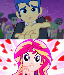 Size: 800x949 | Tagged: safe, edit, edited screencap, screencap, character:aqua blossom, character:curly winds, character:flash sentry, character:indigo wreath, character:microchips, character:nolan north, character:sunset shimmer, ship:flashimmer, episode:pet project, eqg summertime shorts, equestria girls:equestria girls, g4, my little pony: equestria girls, my little pony:equestria girls, bow tie, clothing, curly winds, cute, dress, dress shirt, fall formal outfits, female, hair accessory, heart, indigo wreath, leather vest, male, necktie, nolan north, shimmerbetes, shimmering the gecko, shipping, shipping domino, some blue guy, straight, suit, tennis match, tuxedo, vest