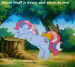 Size: 576x512 | Tagged: safe, edit, edited screencap, screencap, character:sweet stuff, episode:sweet stuff and the treasure hunt, g1, my little pony 'n friends, bow, cropped, cute, forest, sweet sweet stuff, tail bow, text, tree stump