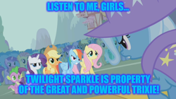 Size: 888x499 | Tagged: safe, edit, edited screencap, screencap, character:applejack, character:fluttershy, character:rainbow dash, character:rarity, character:spike, character:trixie, character:twilight sparkle, species:dragon, species:earth pony, species:pegasus, species:pony, species:unicorn, ship:twixie, episode:boast busters, g4, my little pony: friendship is magic, female, freckles, lesbian, male, mare, meme, shipping