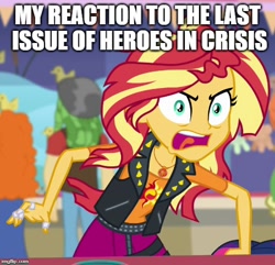 Size: 518x500 | Tagged: safe, edit, edited screencap, screencap, character:sunset shimmer, equestria girls:rollercoaster of friendship, g4, my little pony: equestria girls, my little pony:equestria girls, spoilers for another series, angry, bandage, cropped, dc comics, geode of empathy, it's not about the parakeet, magical geodes, meme, messy hair, obligatory pony, rageset shimmer, spoiler from another series