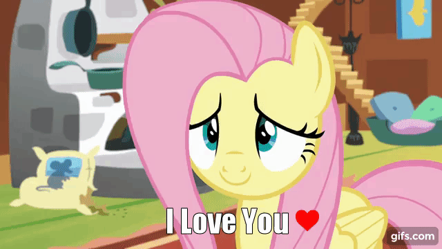 Size: 640x360 | Tagged: safe, edit, edited screencap, screencap, character:fluttershy, species:pegasus, species:pony, episode:fluttershy leans in, g4, my little pony: friendship is magic, animated, bronybait, butterfly, caption, cute, dawwww, female, floppy ears, fluttershy's cottage, gif, gifs.com, happy, heart, hnnng, i love you, mare, shyabetes, smiling, solo, weapons-grade cute, wide eyes