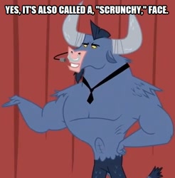 Size: 491x500 | Tagged: safe, edit, edited screencap, screencap, character:iron will, species:minotaur, episode:putting your hoof down, g4, my little pony: friendship is magic, caption, cropped, horns, image macro, male, necktie, scrunchy face, solo, text