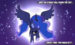 Size: 829x500 | Tagged: safe, edit, edited screencap, screencap, character:princess luna, species:pony, episode:bloom and gloom, g4, my little pony: friendship is magic, caption, close to you, female, image macro, isaac hayes, moon, sky, solo, song reference, stars, text, the carpenters