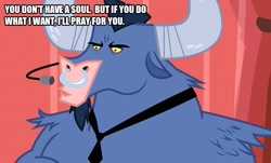 Size: 830x500 | Tagged: safe, edit, edited screencap, screencap, character:iron will, species:minotaur, episode:putting your hoof down, g4, my little pony: friendship is magic, caption, horns, image macro, male, microphone, necktie, solo, text